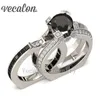 VECALON Lovers Gümüş Takı Nişan Yüzüğü Siyah Simüle Elmas CZ 925 Ayar Gümüş Düğün Band Yüzük Set Kadınlar için