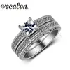 Vecalon vintage anel feminino princesa corte 2ct simulado diamante cz 10kt branco ouro enchido anel de casamento conjunto para mulheres