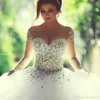 Designer Luxury Crystals Long Sleeves Ball Gowns Wedding Dresses Rhinestones Lace-up Back Arabic Wedding Gown Sheer Neck Vestidos De Novia