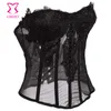 Black Chiffon Applicaties Gewatteerde BH Push Up Lace Up Back Bustier Corset Lingerie Corpetes E Espartilhos Sexy Gothic Kleding