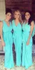 2020 Goedkope Bruidsmeisjes Jurken V-hals Bruiloft Gastkleding Teal Turquoise Chiffon Open Back Sash Floor Lengte Ruched Party Maid of Honorjurken