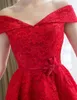 Red Lace Bridesmaid Dress A line Cheap Tea Length Wedding Guest Dress Off-Shoulder Sweetheart Sleeveless Lace-up Back Satin Sash