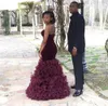 2016 Burgundy Mermaid Prom Dresses New African Velvet Evening Gowns Sexy Sweetheart Backless Sheath Ruffles Tiered Organz Celebrity Dresses