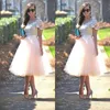 Cheap Prom Party Dresses with Short Sleeves Lace Top Blush Tutu Skirts Tea Length Formal Evening Gowns Bridesmaid Dresses