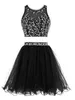 Stunning Short Two Piece Prom Dress Black Purple Tulle Homecoming Dressed Keyhole Back Zipper Beads Crystals Party Dresses