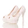 White Lace Peep Toe Pumps 14cm High Heel Wedding Evening Party Shoes Summer Party Prom Shoes Simple Bridesmaid Dress Shoes