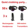 RF Professional Silent Disco Equipment Black LED Wireless Headphones - Quiet Clubbing Party Bundel met 50 ontvangers en 3 zenders van 200 meter afstand