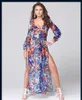 Letni styl Długie Maxi Dress V-Neck Z Długim Rękawem Kobiety Boho Dresses Moda Casual Slit Blue Floral Print Beach Sukienka Vestidos