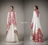 Arabic Kaftans Traditional Abayas for Muslim High Neck White Chiffon Red Embroidery Arabic Evening Gowns with Coat Formal Mother Dress 231