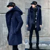 All'ingrosso- 2017 Autunno Inverno Corea Stile Trench con cappuccio Uomo Slim Fit Doppio bottone Lungo Trench Casual Nero Navy Giacca da uomo taglia 3XL