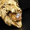 Fashion Jewelry 316L Stainless Steel 18k Gold Plated Lion Head Biker Pendant Charms With White Crystals Stone Free Rope Chain