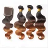 # 1B / 4/30 Médio Auburn Ombre Brasileira Virgem Do Cabelo Humano 3 Pacotes com Fecho Onda Do Corpo de Três Tons Ombre 4x4 Fechamento Do Laço com Tece