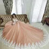 2021 Quinceanera Ball Gown Dresses Cap Sleeves White Lace Appliqus Blush Pink Champagne Sweet 16 Court Train Plus Size Party Prom Evening Gowns Off Shoulder