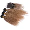 Brésilien 9A Ombre Couleur Kinky Curly Bundles cheveux avec dentelle fermeture 2 Tone 1B 27 tissages cheveux avec fermeture Top 4pcs / Lot