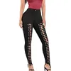 Atacado bandagem de festa alta cintura calças botão moda mulheres leggings lace up oco out calças