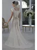 Simple Chanpagne Vintage Lace Mermaid Modest Wedding Dresses Cap Sleeves Queen Anne Neck Beaded Sash Colorful Wedding Dress With Color New