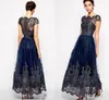 2023 Hot Sale Cheap Navy Blue Mother off bride dresses Illusion Cap Sleeve Plus Size Lace Appliques Ankle Length Women Formal Mothers Gowns