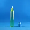 100セット/ロット30ml 1オンスユニコーングリーンプラスチックドロッパーボトル長い形状子ども抵抗タンパープルーフキャップロング薄いドロップチップダブルセーフオイルフラックスジュース液30ml