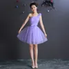 Lavendel tulle kort brudtärna klänning med båge spets upp 2018 knä längd brudtärna klänningar för bröllop