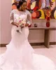 2017 sjöjungfru bröllopsklänningar Jewel Sheer Neck 3/4 Långärmade Brudklänningar med Applique Back Covered Button Sweep Train Plus Storlek