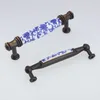 European 96mm bronze dresser white and blue drawer cabinet pull blue flower ceramic handle furniture handles