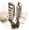16cm ultra hoge hakken luipaard holle lace up knie lange laarzen open teen zomer schoenen vrouwen maat 35-40