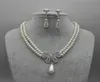 Rodio chapado en plata claro diamantes de imitación de cristal Diamante de doble filamento crema de vidrio falso collar de perlas collar nupcial y pendientes conjuntos de joyas