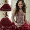 Maroon Quinceanera Dresses Sweep Train Wielopięciowe Kaskadowe Ruffles Suknia Page Crystal Corset Sweetheart 16 Masquerade Party Dress