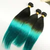 9A Peruvian 1B Teal Two Tone Human Virgin Hair Bundles 3Pcs Lot Silky Straight Extensions Dark Roots Teal Green Ombre Human Hair Weaves