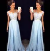 Top Blue Lace Appliques Long Prom Dresses Scoop Neck Floor Length Chiffon Evening Party Dress Party Elegant Formal Dress