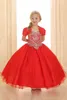 Kırmızı Prenses Balo Küçük Kızlar Pageant Elbiseler ile Kısa Güzel Bolero Ceket Boncuklu Kristal Kat Uzunluk Tül Çocuklar Kabarık Parti Elbise
