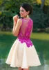 Sheer Neck Short A-line Party Dresses Ruched Fushia Lace Appliques Ruched Organza Formal Evening Prom Gowns Cheap Dubai Arabic Vestidos