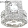 Vecalon أزياء الاشتباك خاتم الزواج مجموعة للنساء 2 قيراط مقلد الماس تشيكوسلوفاكيا 14KT الذهب الأبيض معبأ خاتم الإصبع الإناث