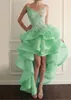 Tulle & Organza Sheer Jewel Neckline Hi-lo A-line Prom Dresses With Lace Appliques Ruffled Organza Evening Gowns Illusion Back