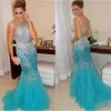 Glamorous Rękawów Kryształy Prom Dresses 2019 Mermaid Tulle Party Suknie Srebrne i Niebieskie Długie Suknie Wieczorowe Kup-Direct-From-China