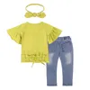 赤ちゃんガールズ服夏の秋の秋の秋のスーツ黄色い文字半袖Tシャツ+ジーンズ+ヘッドバンド3PCS /セットスパンコール風船のズボン子供服セット