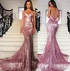 Roze Sequin Prom Dresses 8th Grade Graduation Jurken Lange Kant Applicaties Mermaid Semi Formele Avond Feestjurk Backless Custom Made