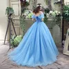 W magazynie! Vintage Princess Prom Dresses Butterfly Kryształowa Suknia Balowa Off Ramię Light Sky Niebieska Tanie Kopciuszki wieczorowe suknie