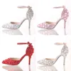 2020 Rhinestone невесты обувь острым носом высокий каблук шпильках обувь лодыжки ремень свадьба обувь серебро Розовый и красный цвет лето сандалии