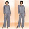 Modest 2019 Grey Chiffon Mother Of The Bride Pant Suits With Long Sleeve Jacket Jewel Neck Column Embroidery Grey Formal Suits Custom Made