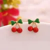 Stud Earrings Wholesale 18K Gold Plated Korean Red Cherry Crystal Rhinestone Leaf Drop Earrings Pretty Statement Earrings