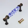 European 96mm bronze dresser white and blue drawer cabinet pull blue flower ceramic handle furniture handles