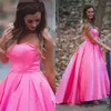 Hot Pink Simple Satin Prom Dresses Sexy Strapless A Line Evening Gowns High Low Zipper Back Arabic Formal Party Dresses