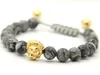 2016 New Design Mens Bracelets Wholesale 8mm Grey Picture Jasper Stone Beads Gold and Silver Macrame Lion Head Bracelets