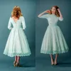 Mode Te Längd Bröllopsklänning Mint Färgglada Korta Bröllopklänningar Bateau Neck Vintage Lace Garden Wedding Party Wear Custom Made