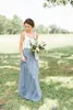 Vintage Two Tone Bridesmaid Dresses Country Wedding Maid of Honor Dresses Scoop Neck A Line White and Dusty Blue Tulle Long Formal Gowns