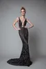 Black Berta Evening Gown Deep V Neck Backless Illusion Mermaid Dresses Evening Wear Full Beads Sexy Elegant Prom Dress Formal Occasion