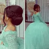 Imagem Real Do Vintage Arabian Mint Verde Apliques de Renda vestido de Baile Puffy Prom Vestidos Desgaste da Noite Meninas de Alta Qualidade Vestidos de Baile Liyatt