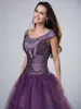 Purple Ball Gown Long Modest Prom Dresses With Short Sleeves Scoop Corset Back Sparkly Beaded Floor Length Teens Formal Prom Gowns