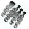 1B / Gris Ombre Bundles De Cheveux Brésiliens Avec Fermeture De Dentelle De Vague de Corps